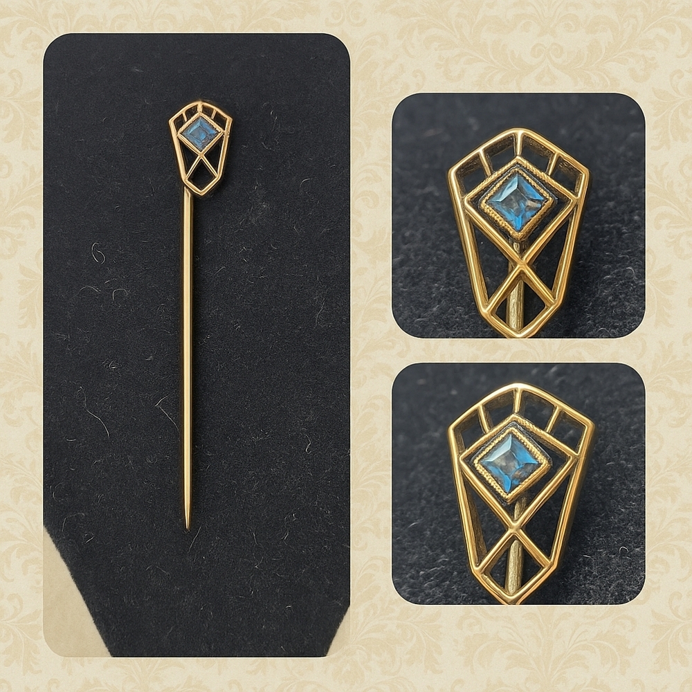 💎 Antique Edwardian 10KT Gold Blue Aquamarine Stick Pin — Otto Thamm, Germany